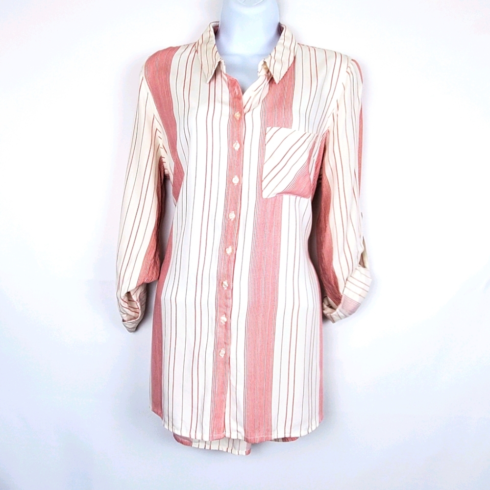 Hippie Rose Cream/Red Striped Button Down Shirt L